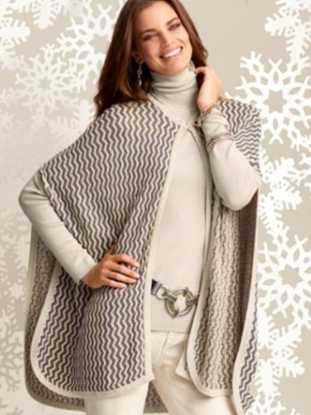 NWT Chico's Patsy Chevron Ruana Poncho Metallic Neutral Boho One Size Fits Most
